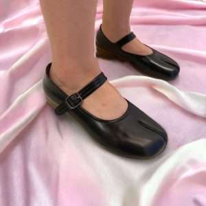 leather tabi mary jane heel split toes shoes with strap women black (1)