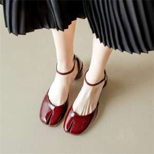 leather tabi pumps heel split toes shoes with strap for women red (1)