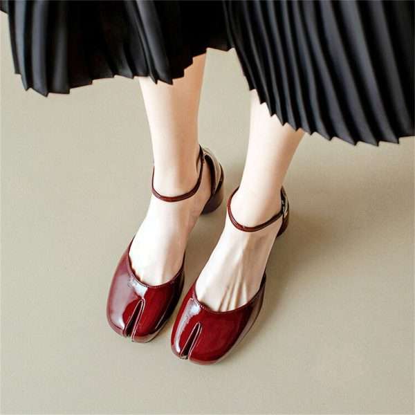 leather tabi pumps heel split toes shoes with strap for women red (1)