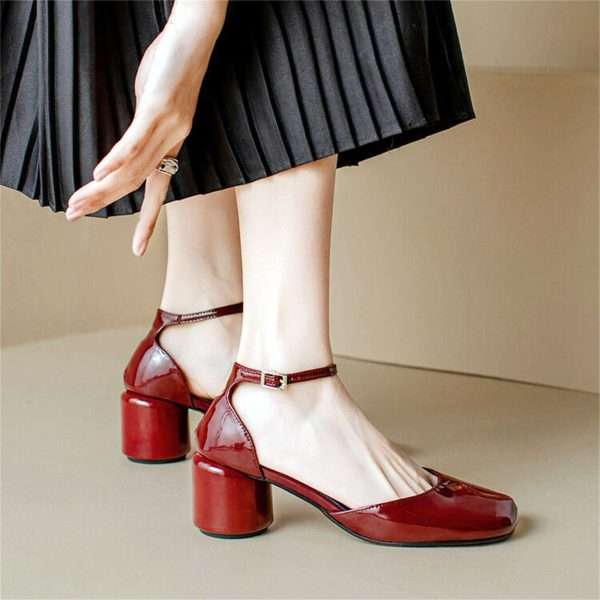 leather tabi pumps heel split toes shoes with strap for women red (2)