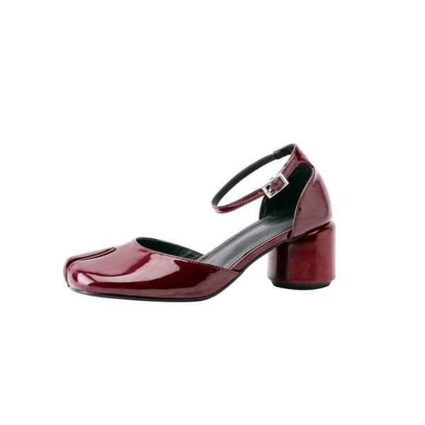 leather tabi pumps heel split toes shoes with strap for women red (3)