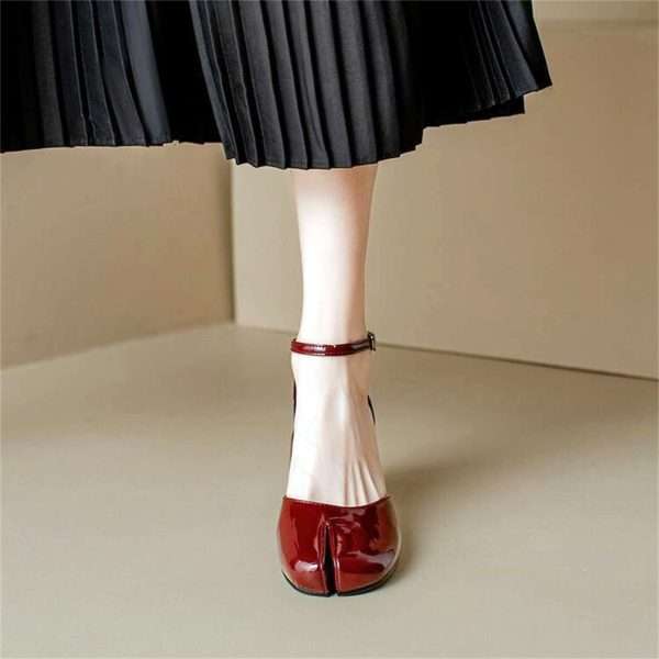 leather tabi pumps heel split toes shoes with strap for women red (4)