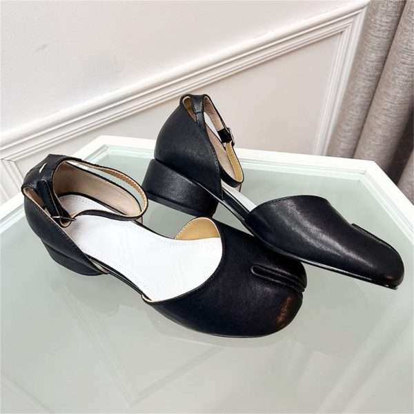 leather tabi pumps with strap heel split toe shoes women black (2)