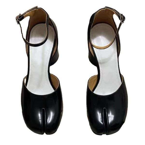 leather tabi pumps with strap heel split toe shoes women black (5)